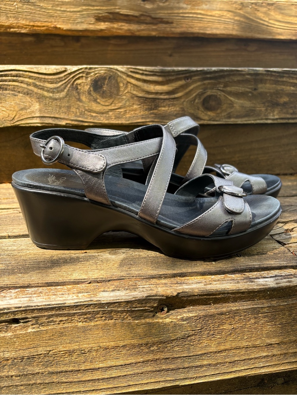 Dansko Metallic Silver Wedge Sandals with Ankle Strap Size 39